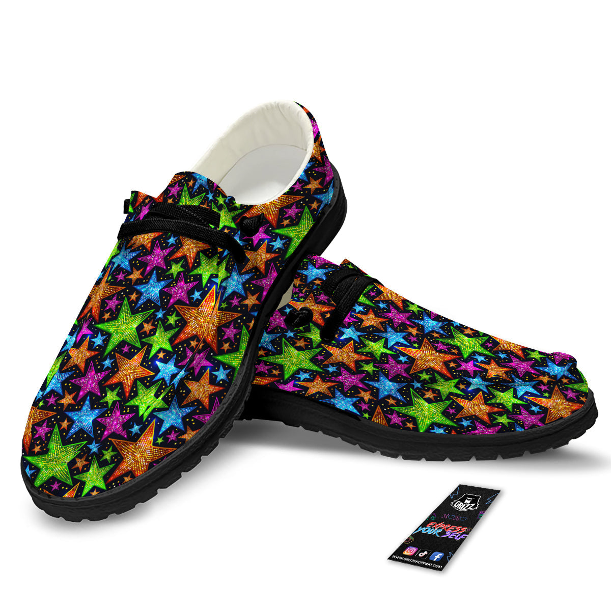 Star Disco Sparkles Print Pattern Black Loafers-grizzshop