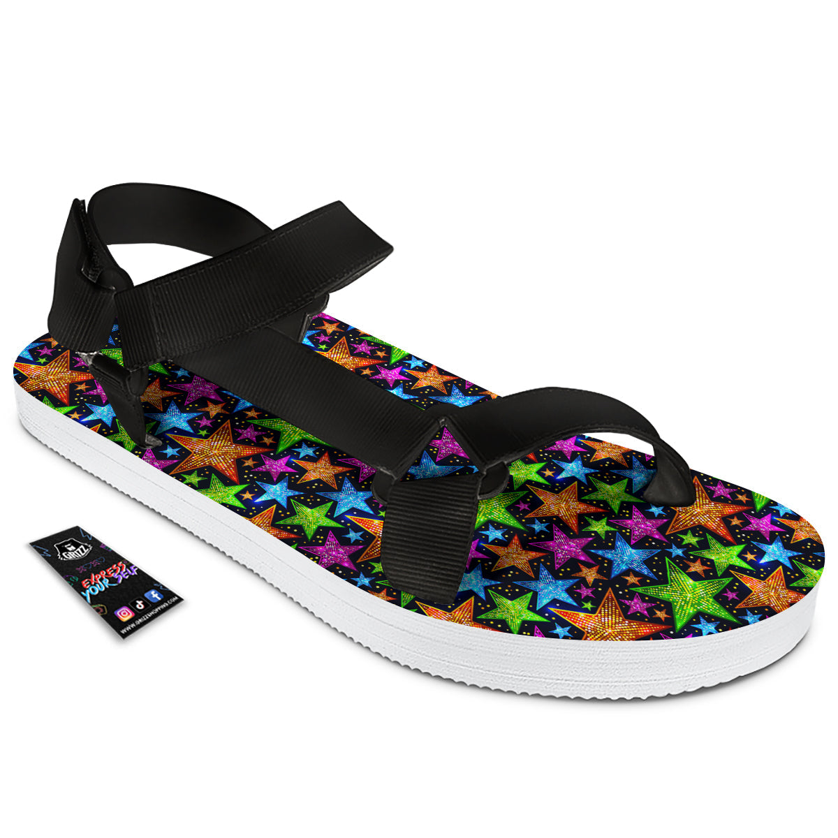 Star Disco Sparkles Print Pattern Black Open Toe Sandals-grizzshop