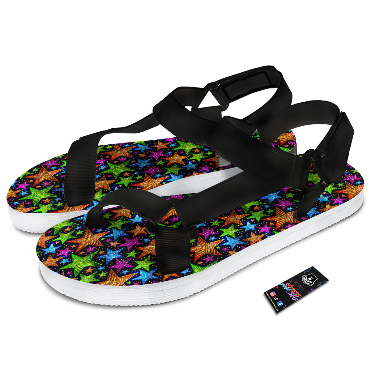 Star Disco Sparkles Print Pattern Black Open Toe Sandals-grizzshop