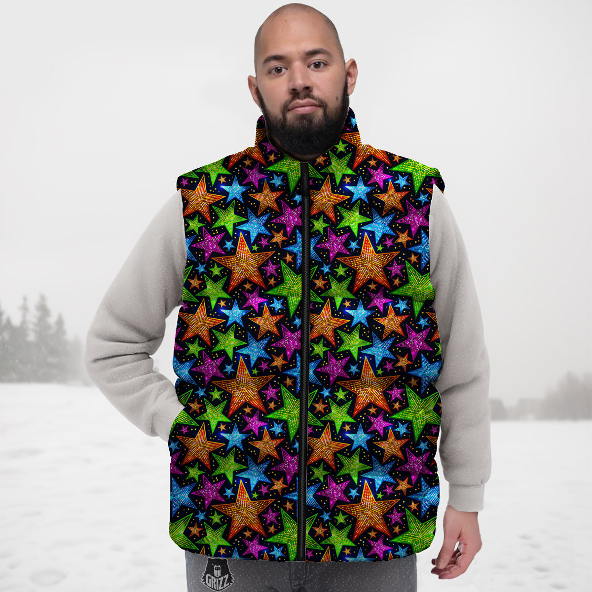 Star Disco Sparkles Print Pattern Down Vest