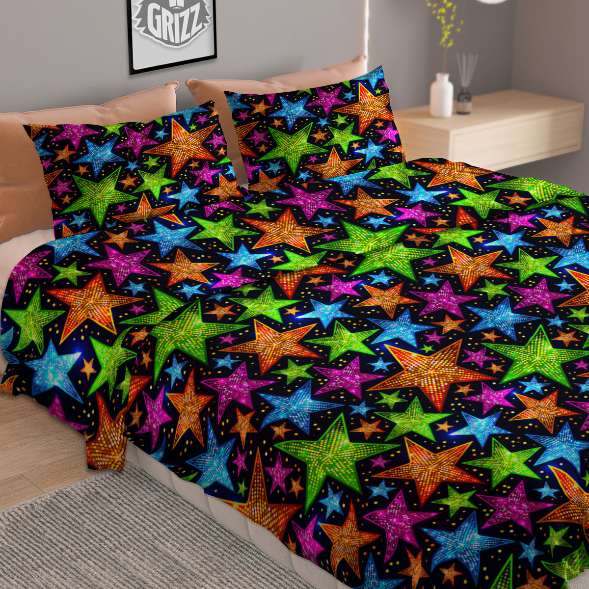 Star Disco Sparkles Print Pattern Duvet Cover Bedding Set