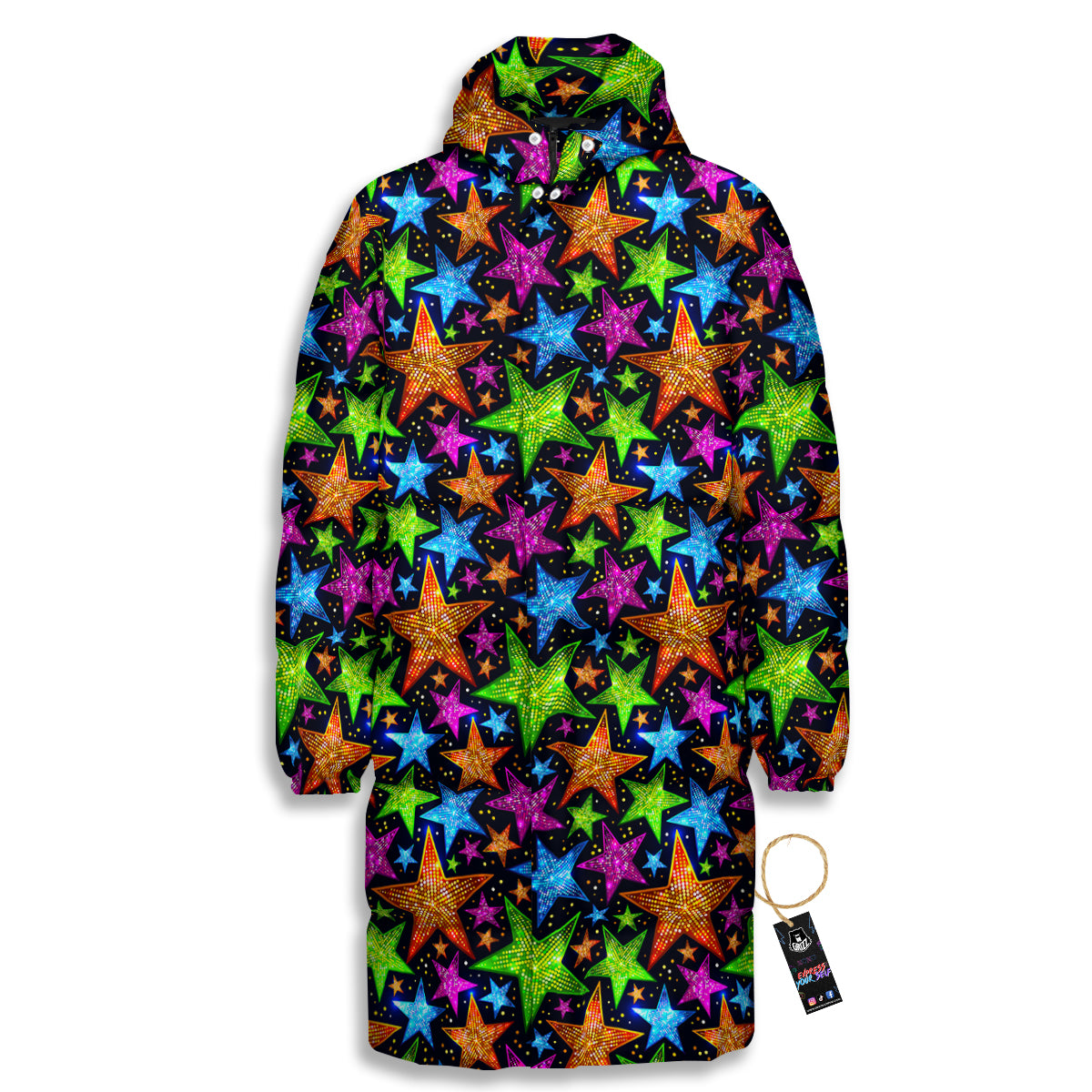 Star Disco Sparkles Print Pattern Long Down Jacket-grizzshop