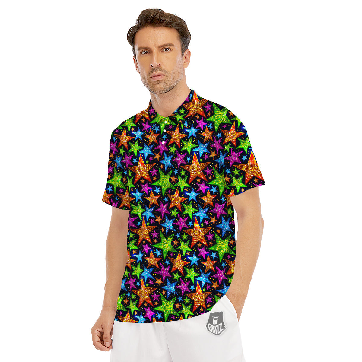 Star Disco Sparkles Print Pattern Men's Golf Shirts-grizzshop