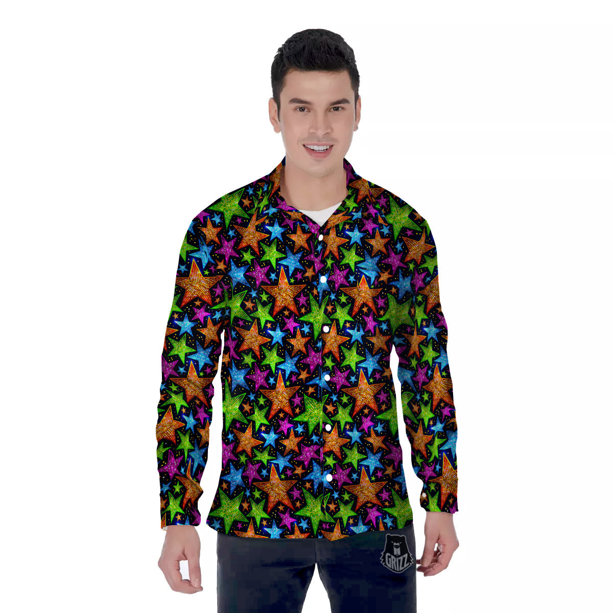 Star Disco Sparkles Print Pattern Men's Long Sleeve Shirts-grizzshop