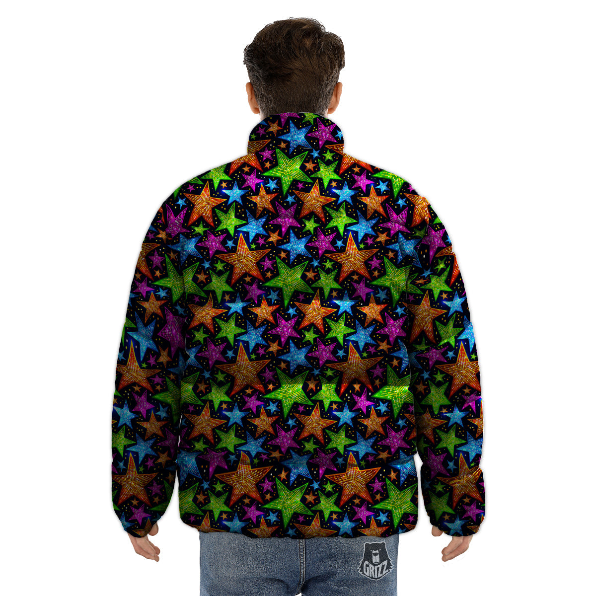 Star Disco Sparkles Print Pattern Puffer Jacket-grizzshop