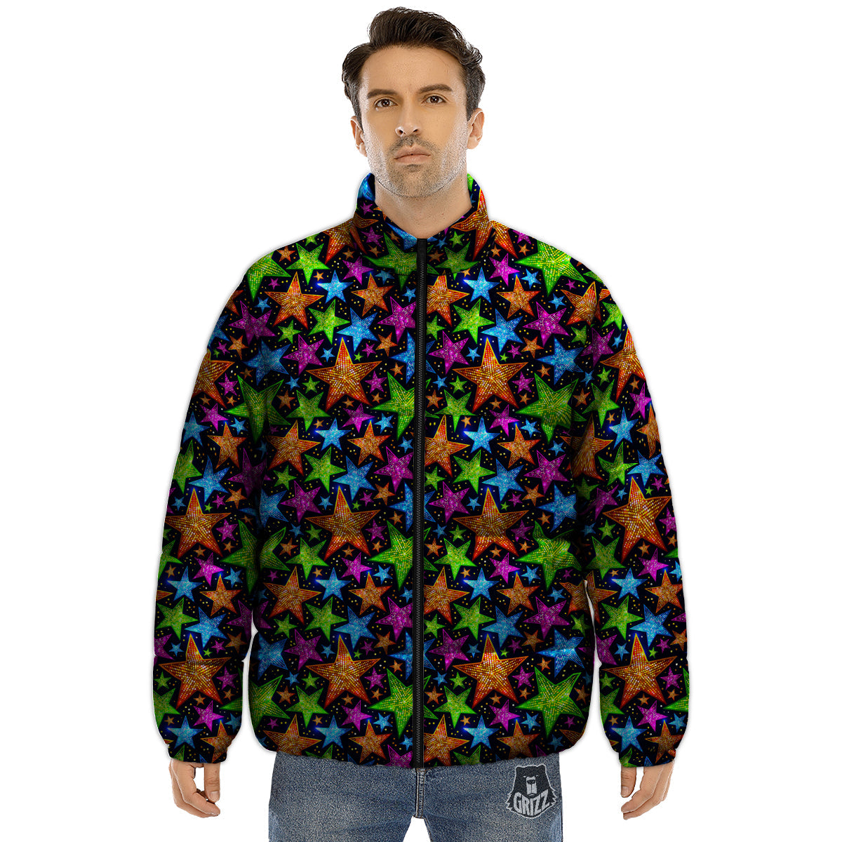 Star Disco Sparkles Print Pattern Puffer Jacket-grizzshop