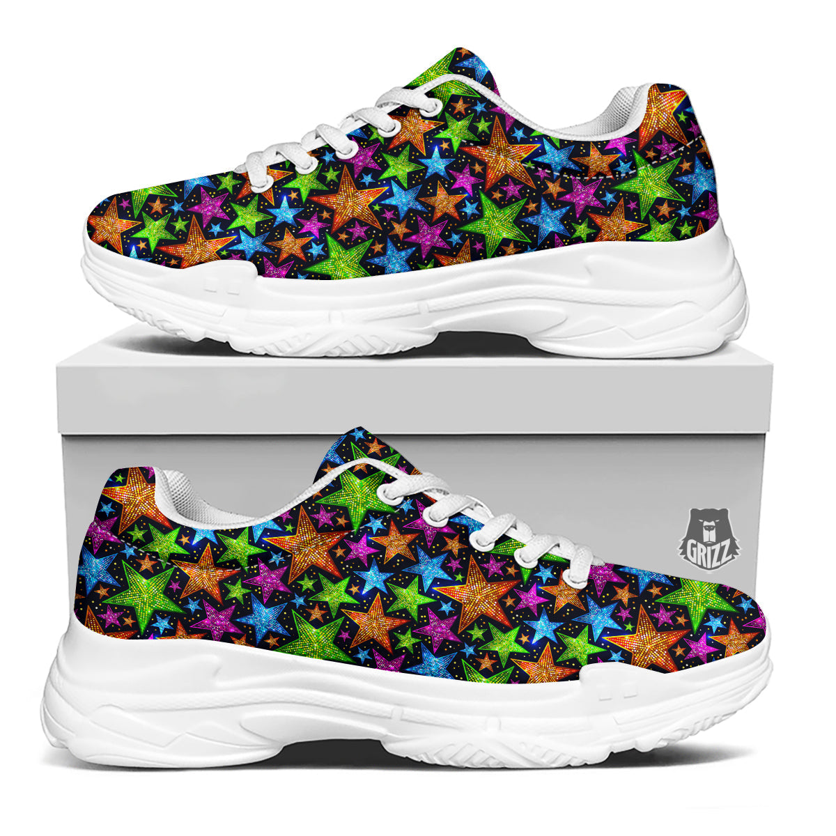 Star Disco Sparkles Print Pattern White Chunky Shoes-grizzshop