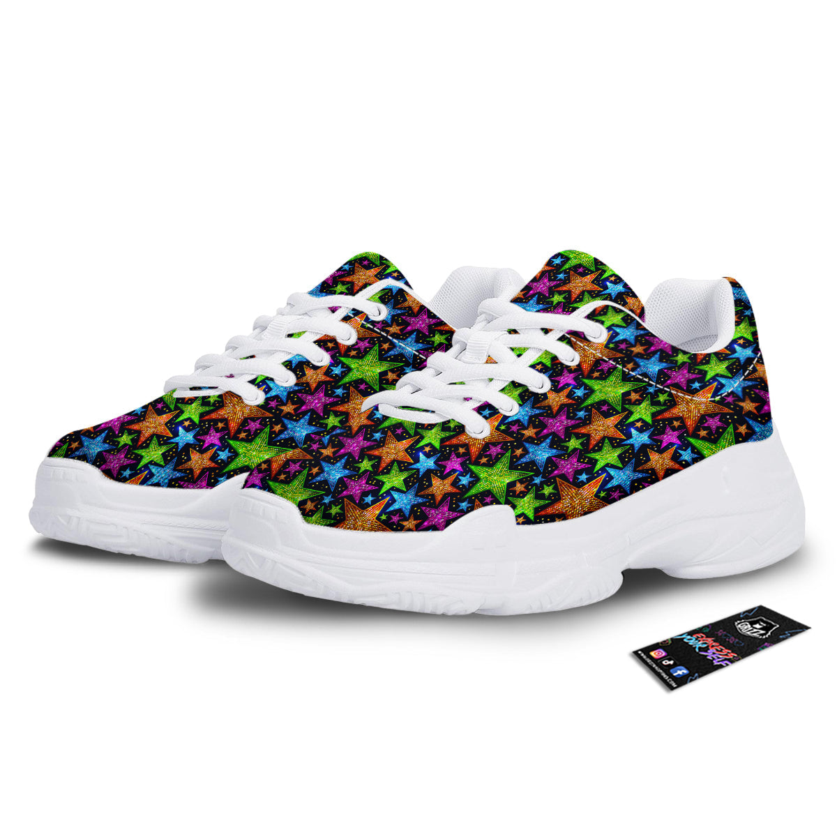 Star Disco Sparkles Print Pattern White Chunky Shoes-grizzshop