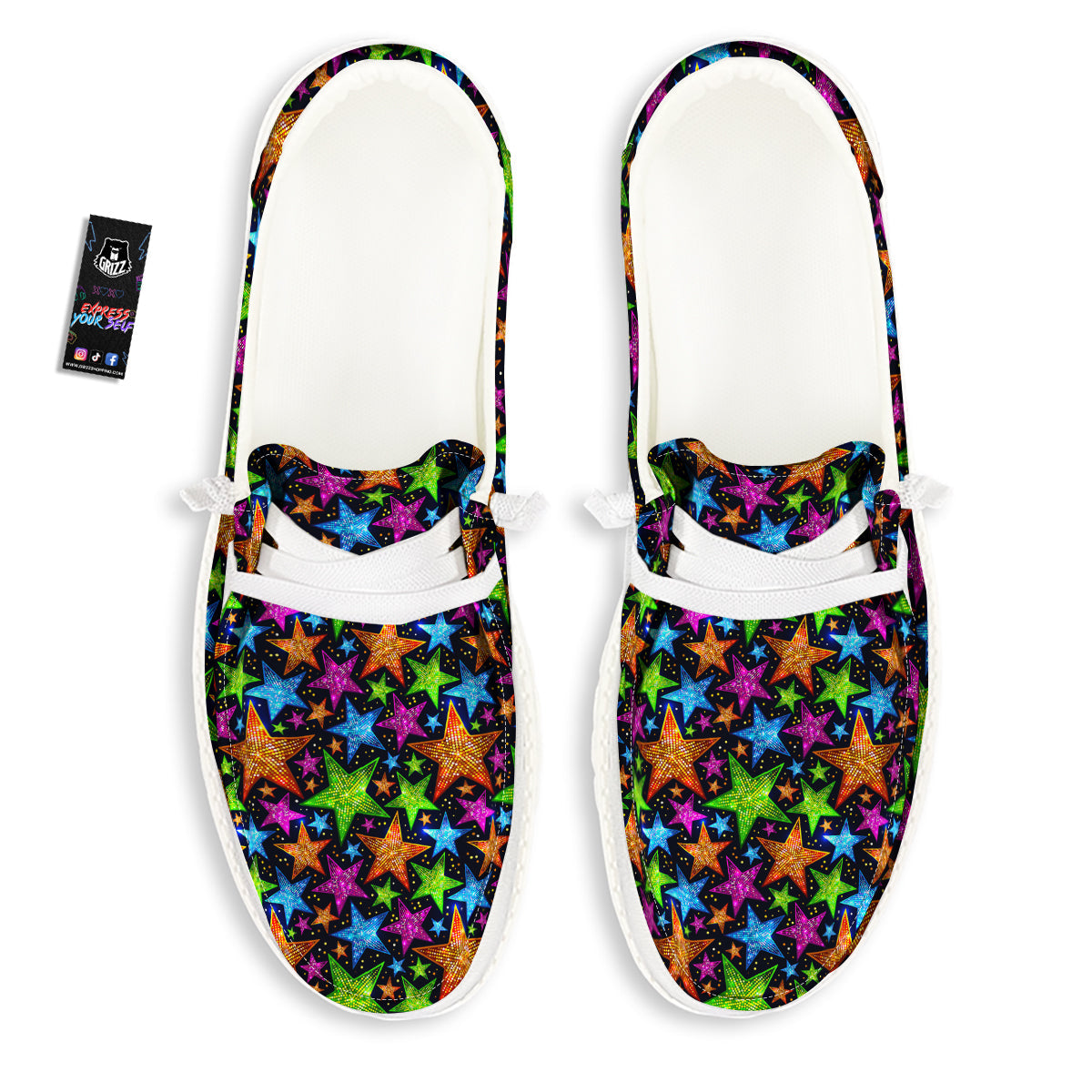 Star Disco Sparkles Print Pattern White Loafers-grizzshop