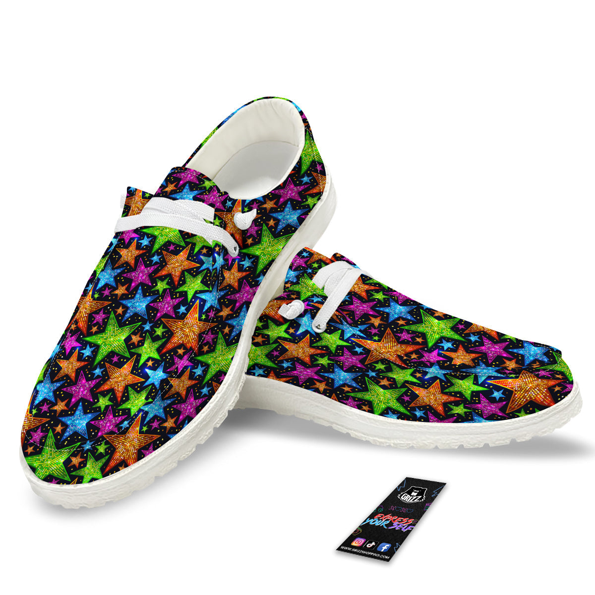 Star Disco Sparkles Print Pattern White Loafers-grizzshop