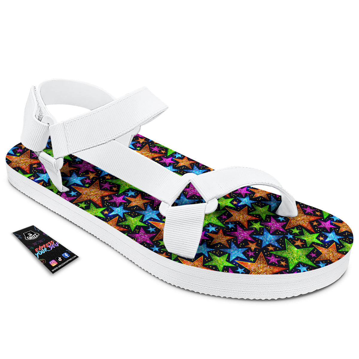 Star Disco Sparkles Print Pattern White Open Toe Sandals-grizzshop