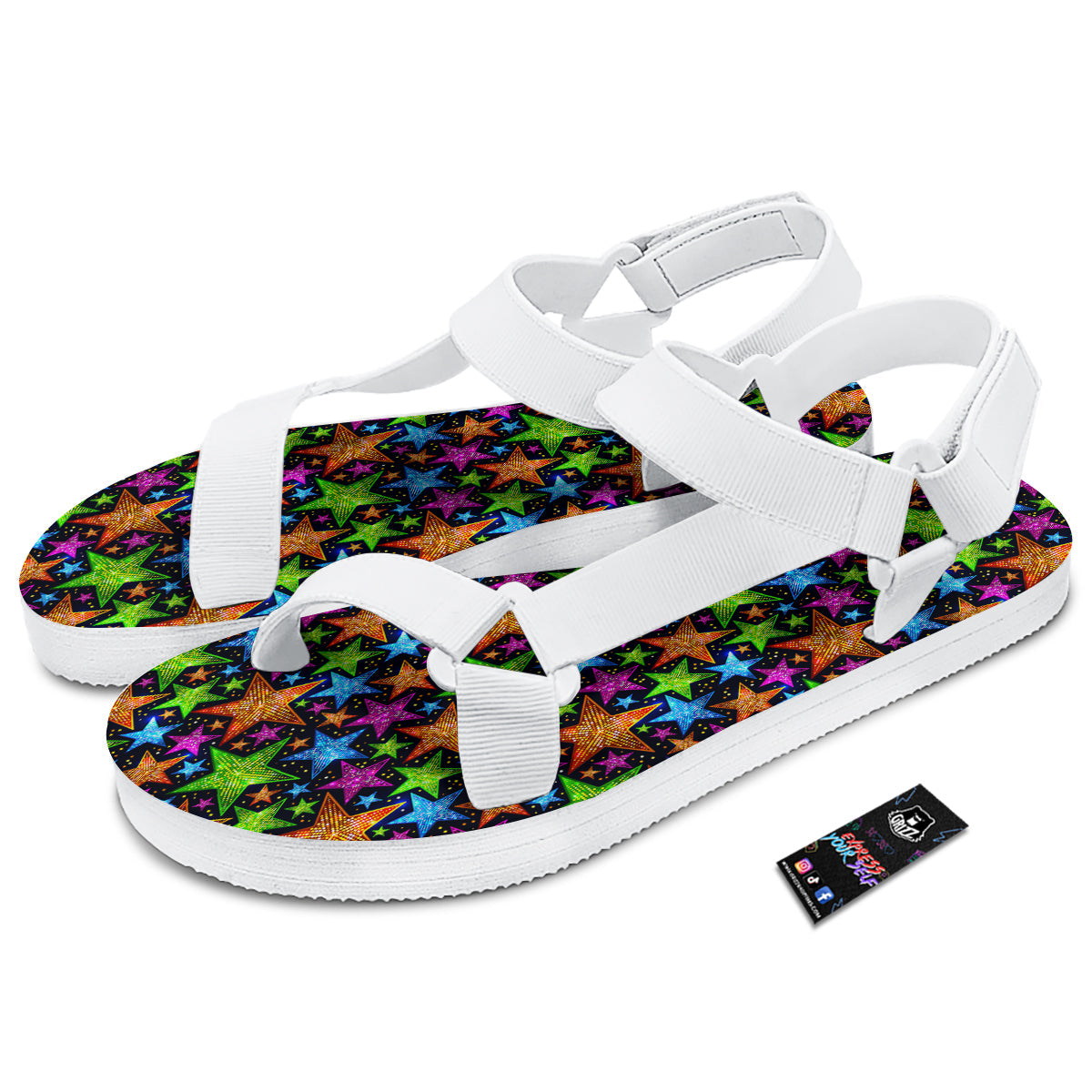 Star Disco Sparkles Print Pattern White Open Toe Sandals-grizzshop