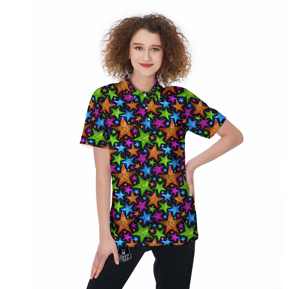 Star Disco Sparkles Print Pattern Women's Golf Shirts-grizzshop