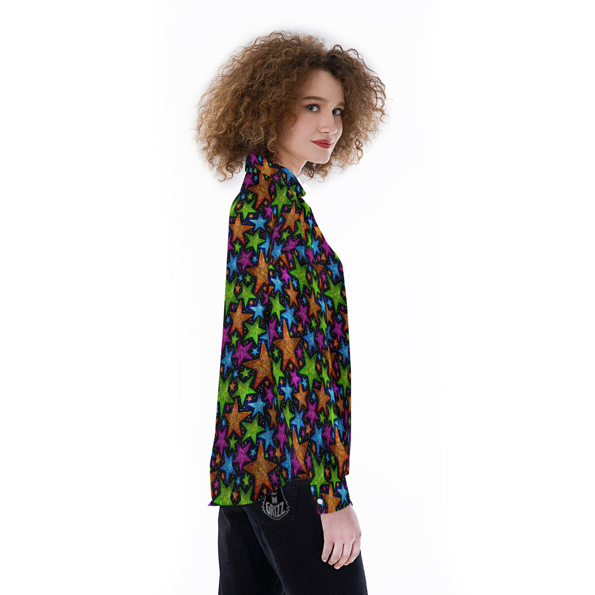 Star Disco Sparkles Print Pattern Women's Long Sleeve Shirts-grizzshop