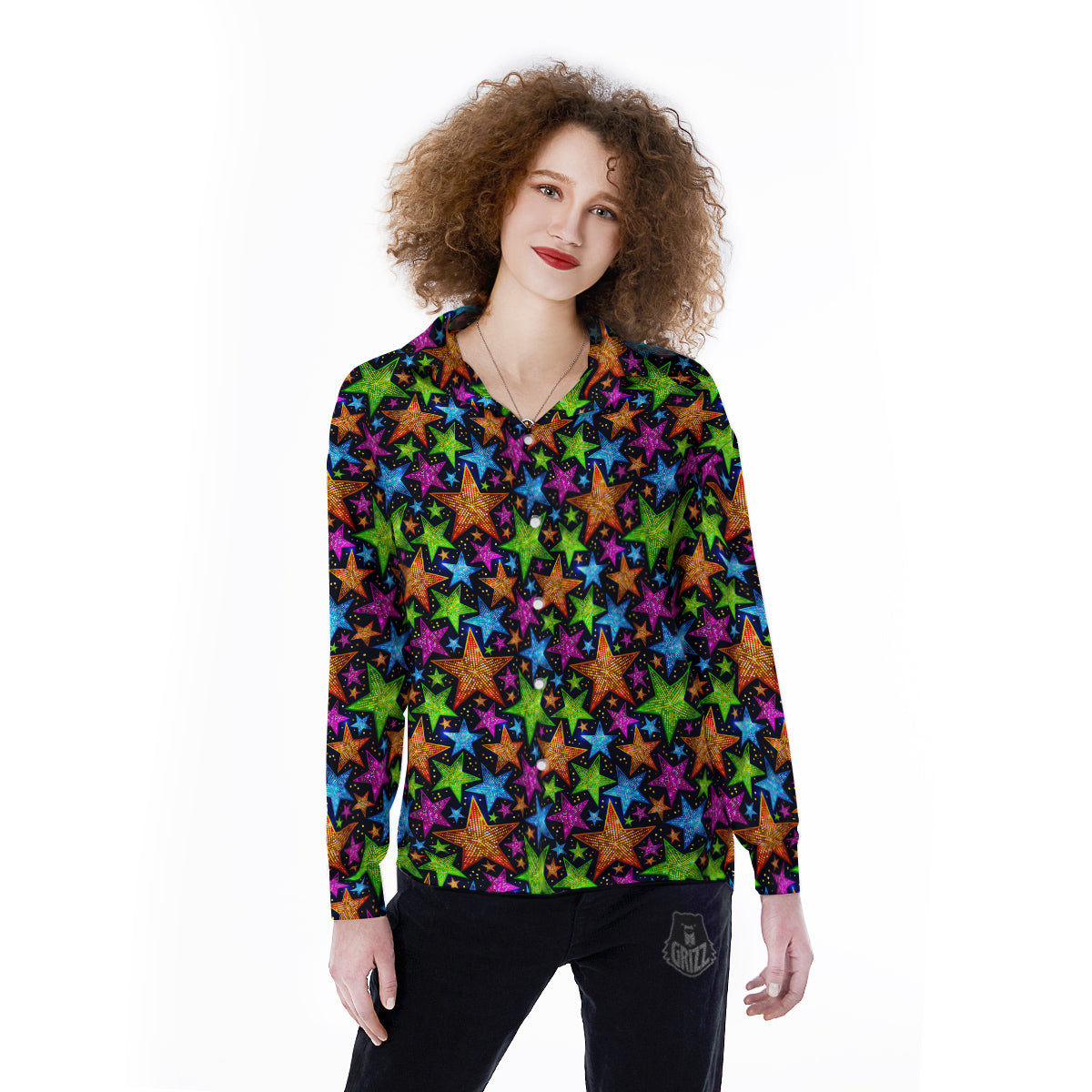 Star Disco Sparkles Print Pattern Women's Long Sleeve Shirts-grizzshop