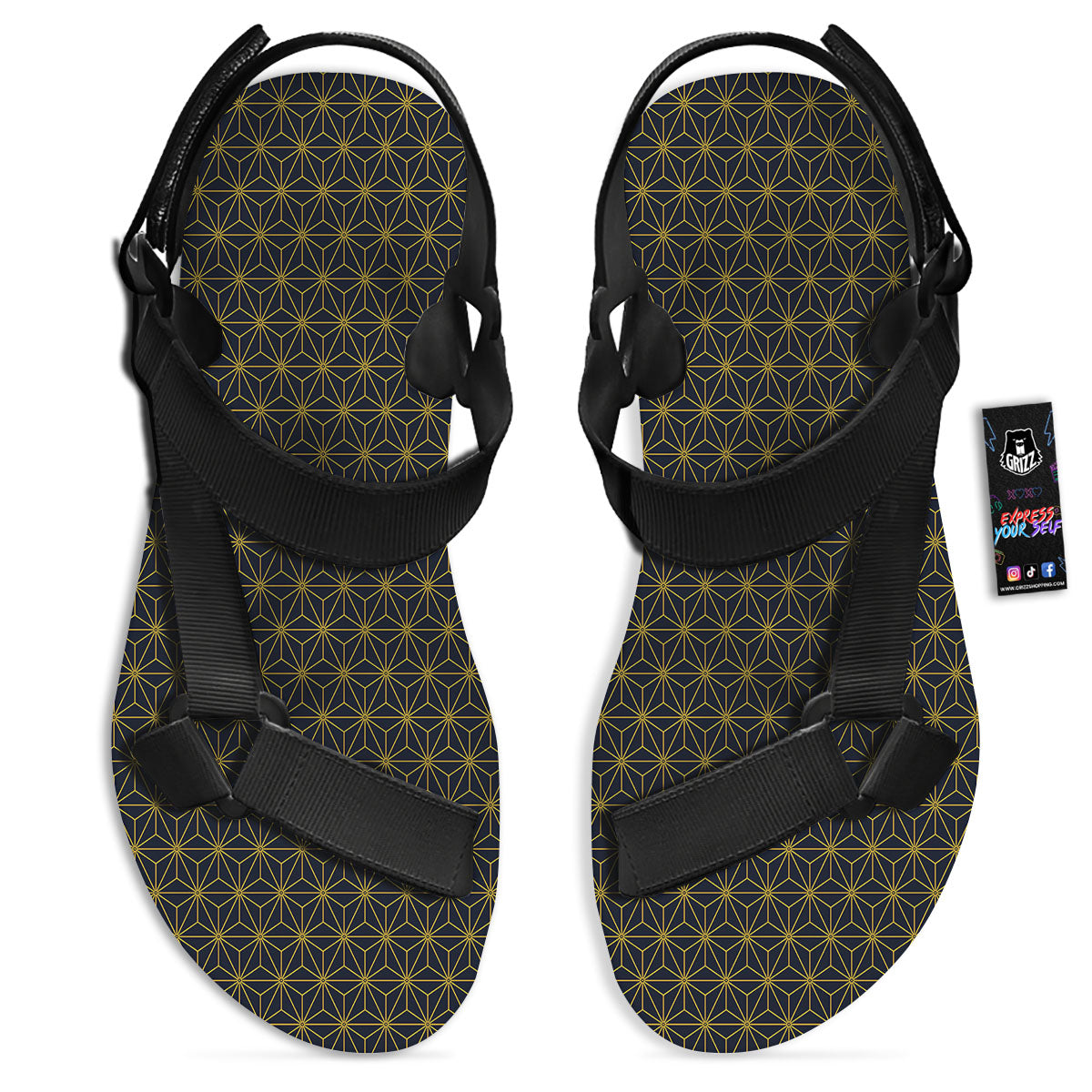 Star Geometric Print Pattern Black Open Toe Sandals-grizzshop