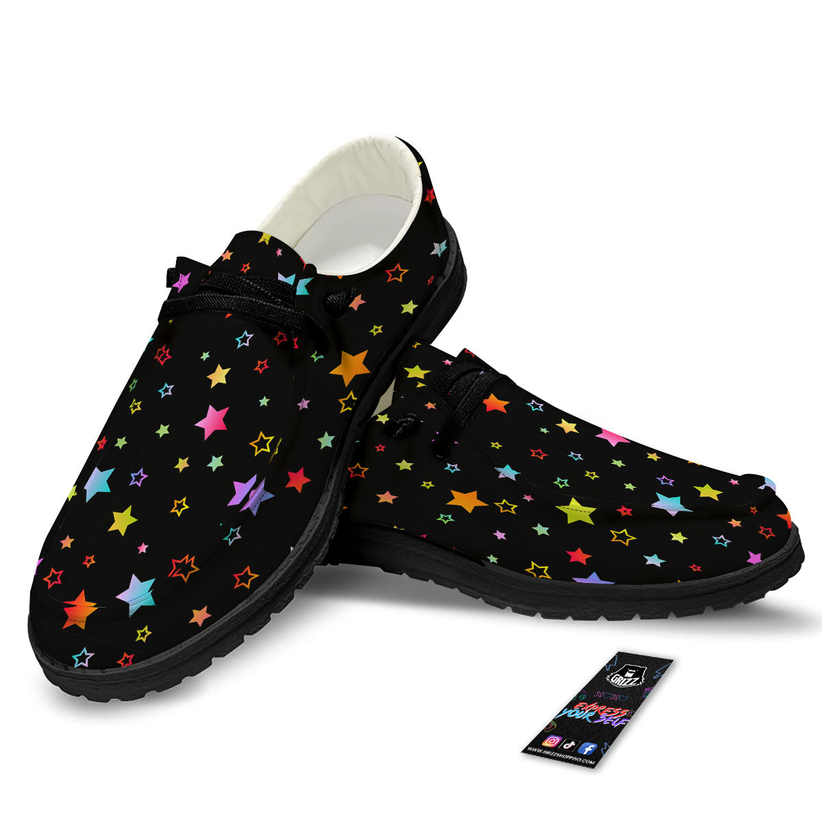 Star Lights Print Pattern Black Loafers-grizzshop