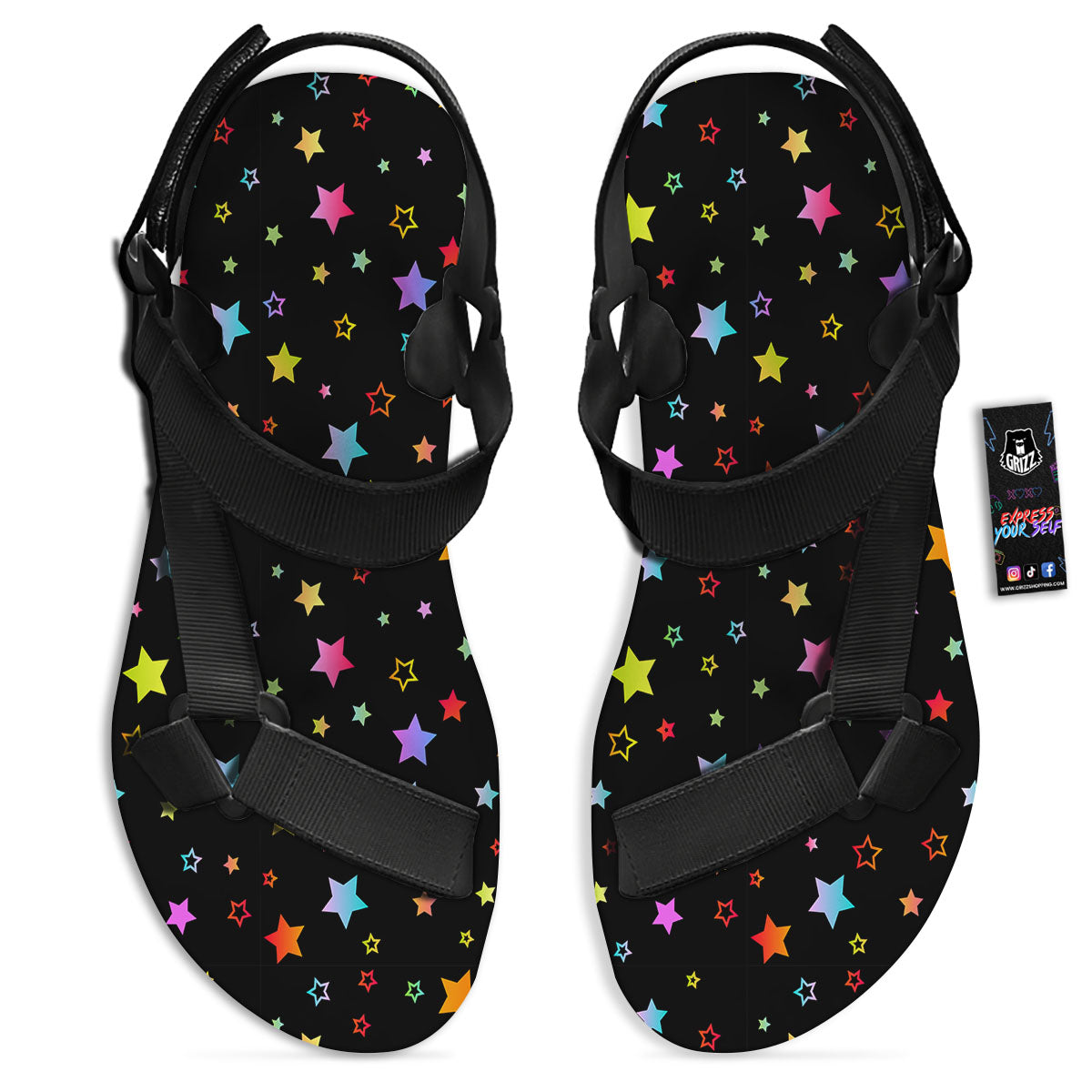 Star Lights Print Pattern Black Open Toe Sandals-grizzshop
