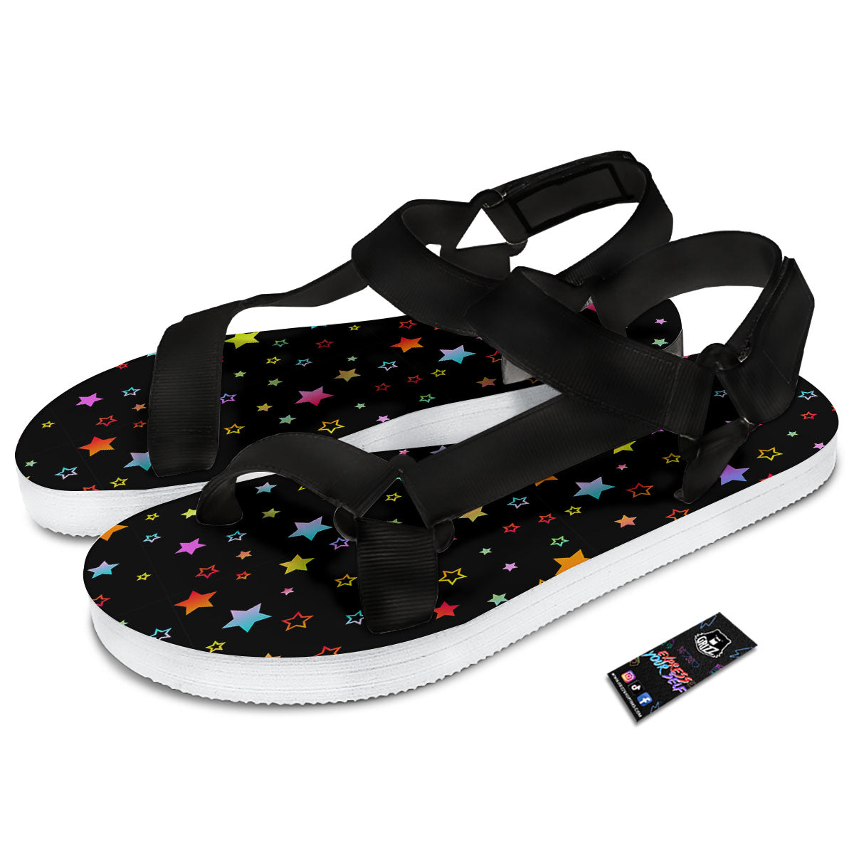 Star Lights Print Pattern Black Open Toe Sandals-grizzshop