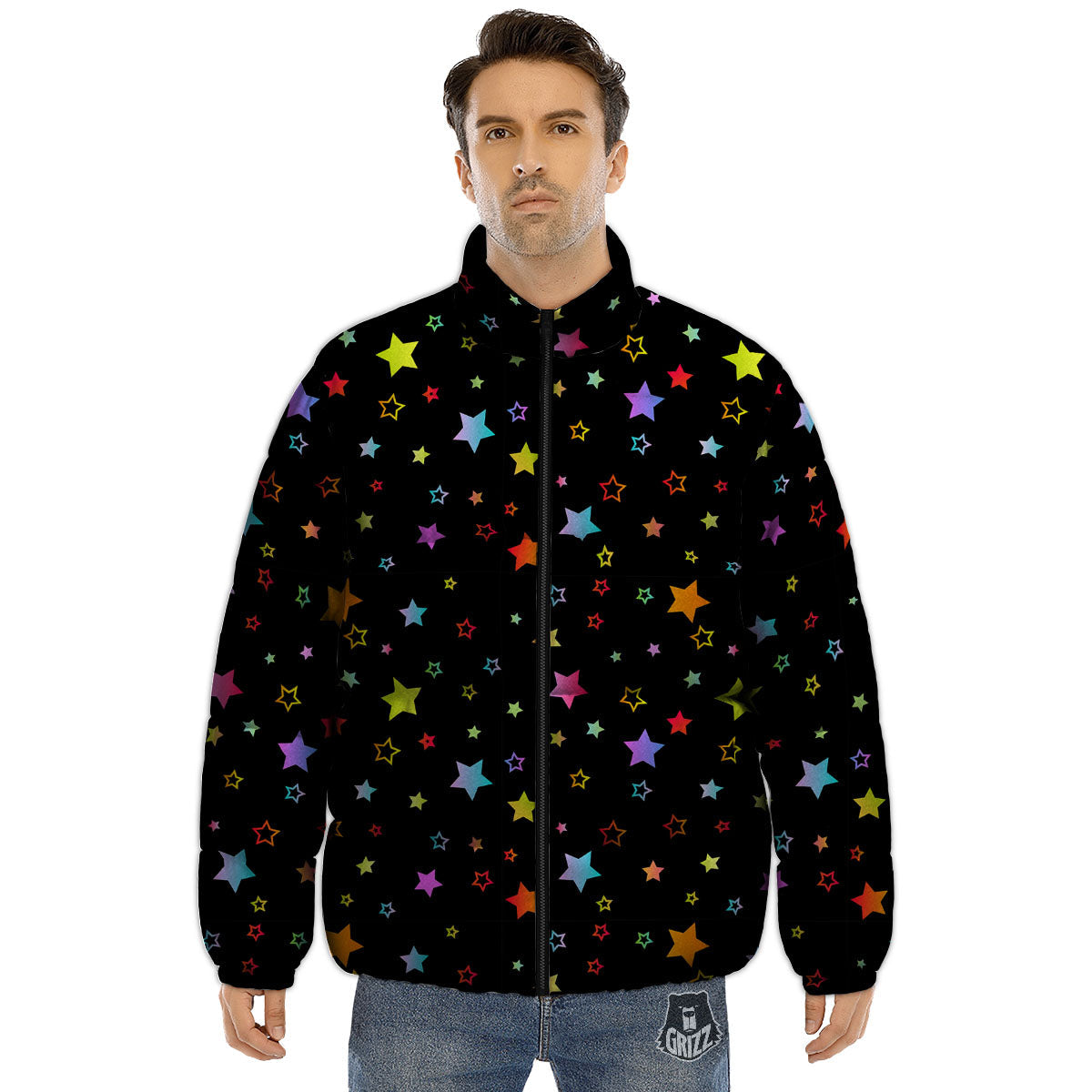 Star Lights Print Pattern Puffer Jacket-grizzshop
