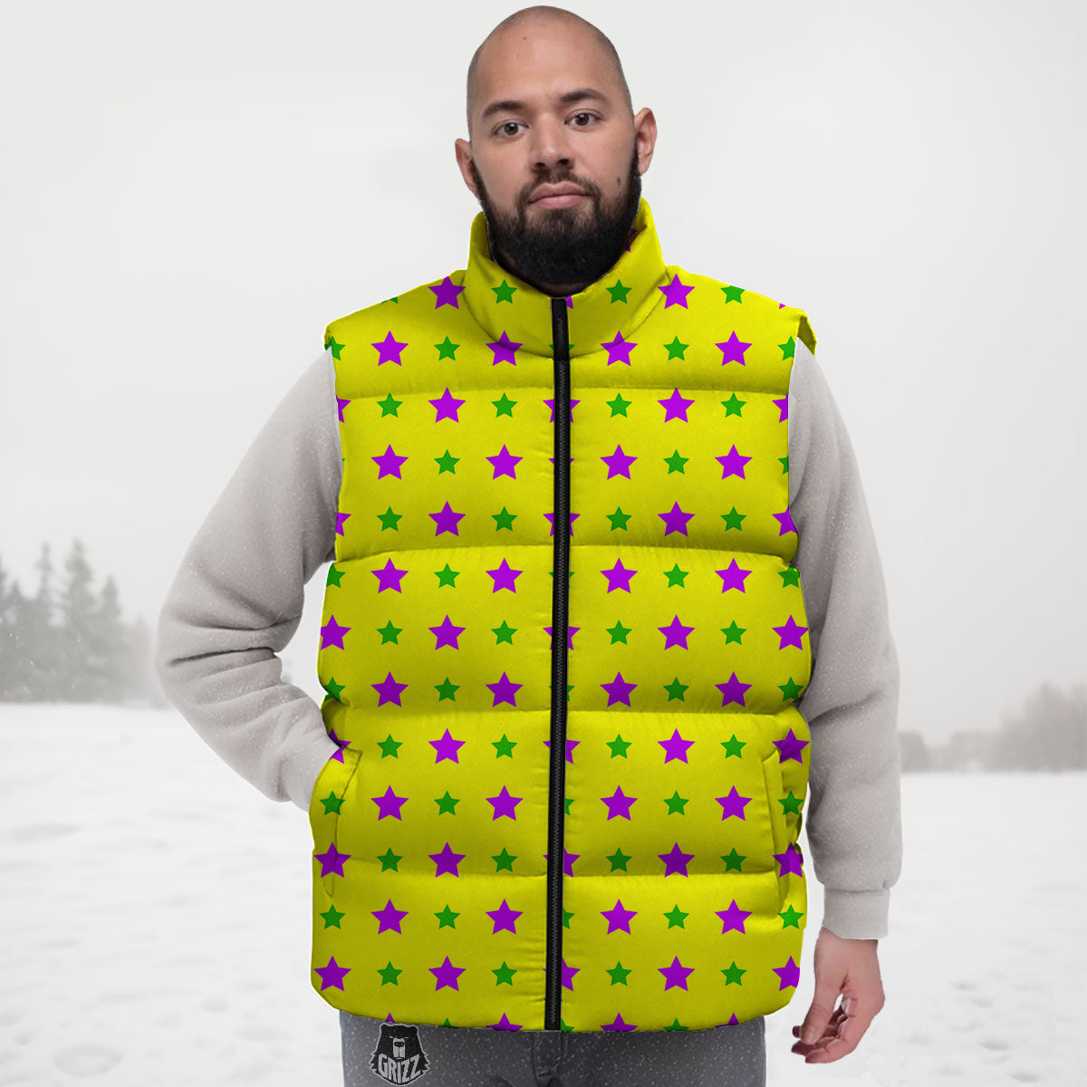 Star Mardi Gras Print Pattern Down Vest