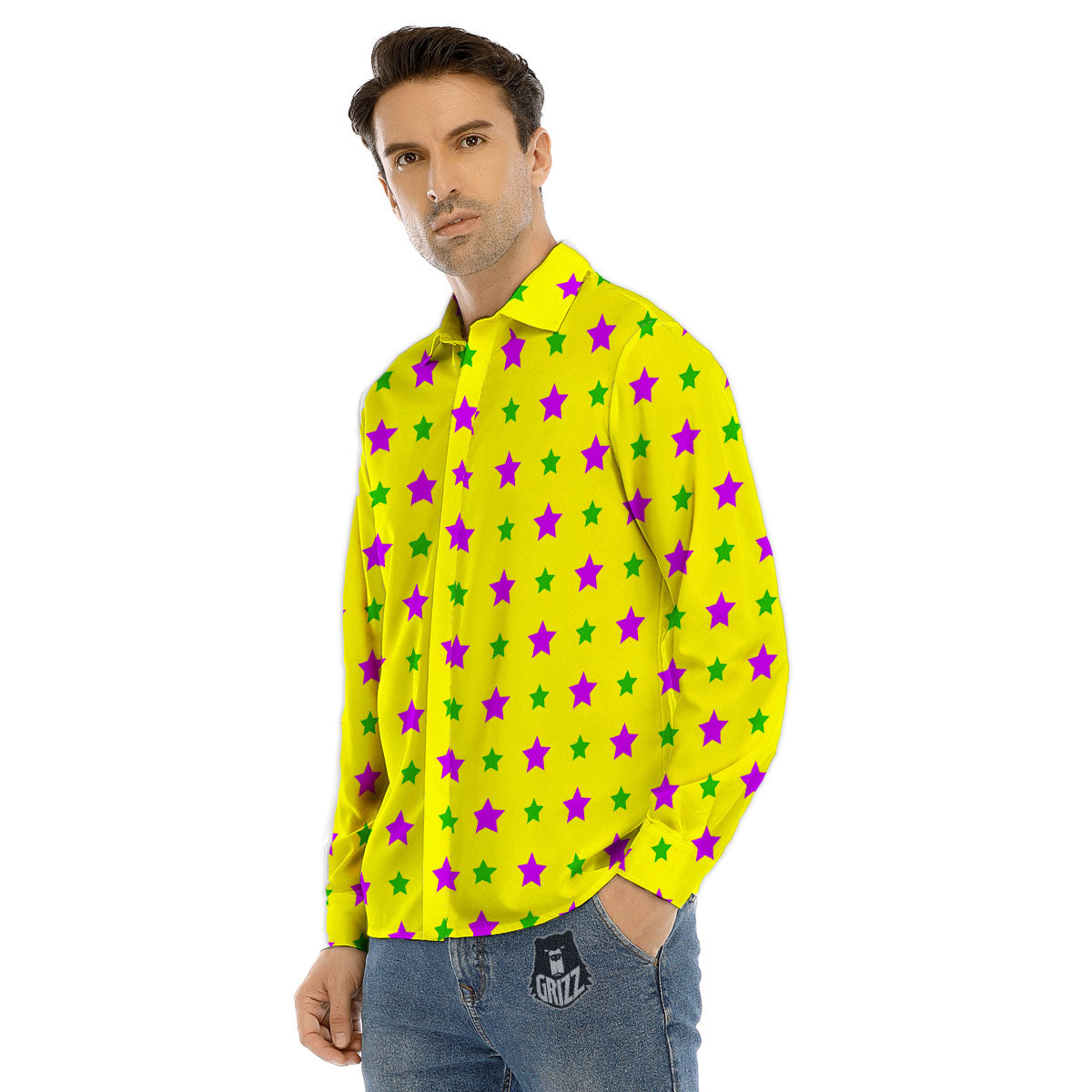 Star Mardi Gras Print Pattern Men's Dress Shirts-grizzshop