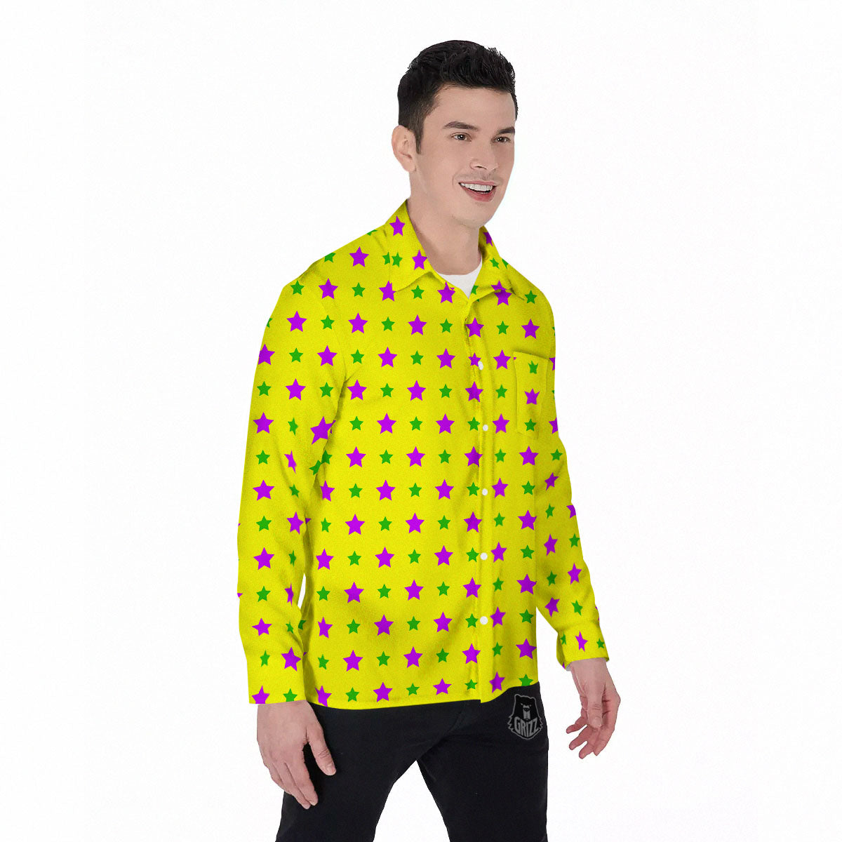 Star Mardi Gras Print Pattern Men's Long Sleeve Shirts-grizzshop