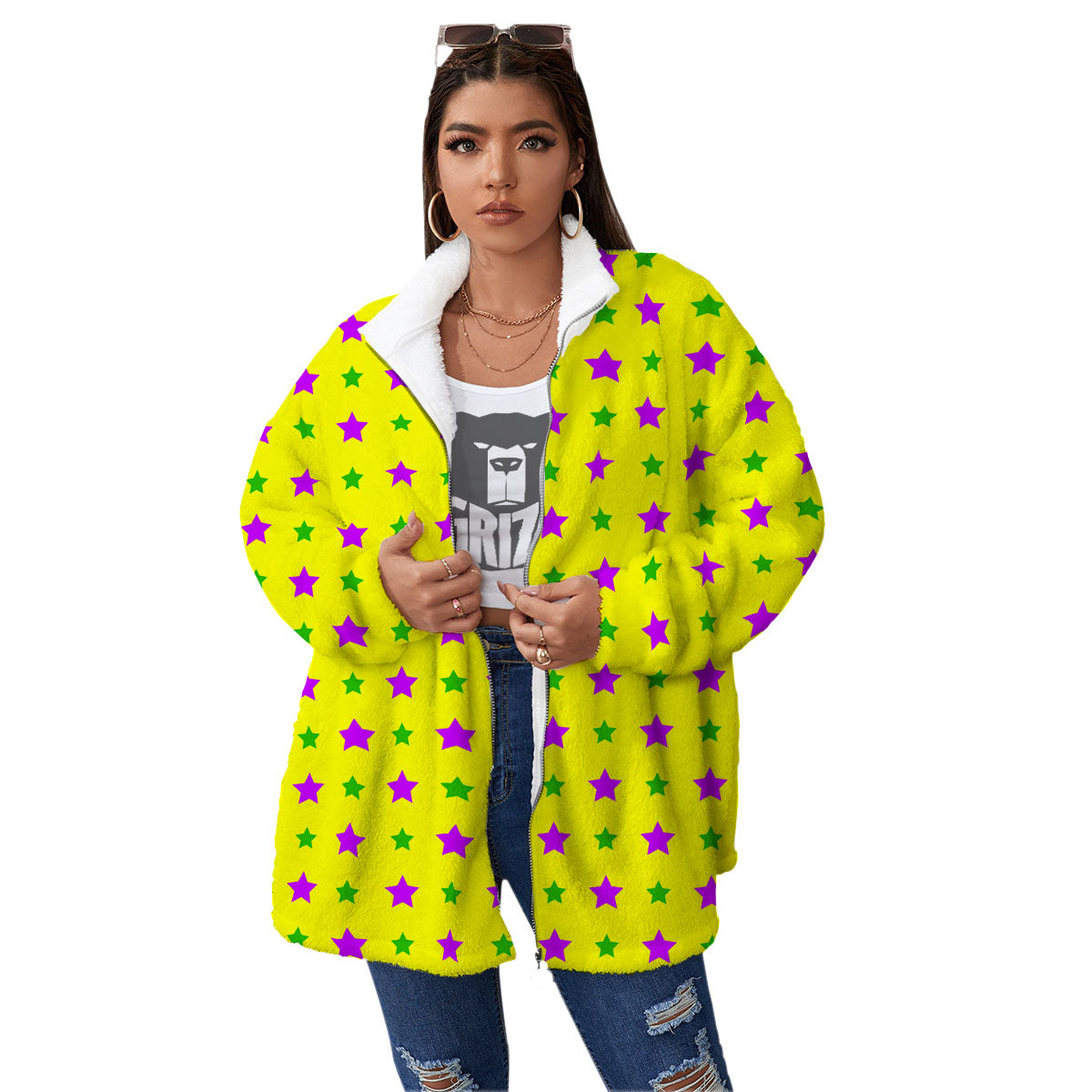 Star Mardi Gras Print Pattern Women's Sherpa Jacket-grizzshop