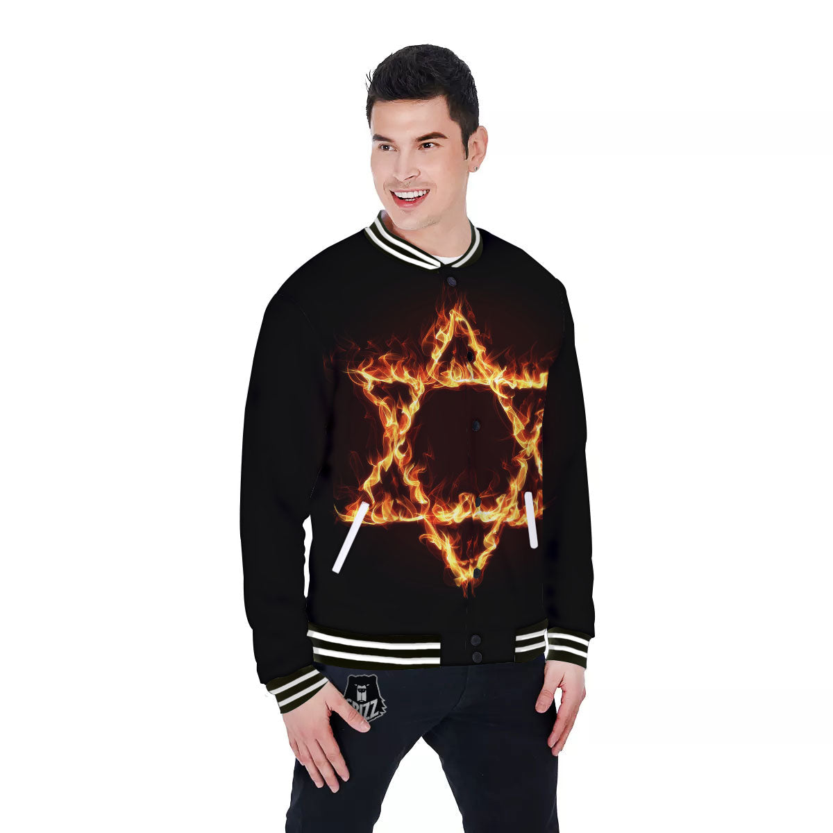 Star Of David Fiery Print Baseball Jacket-grizzshop