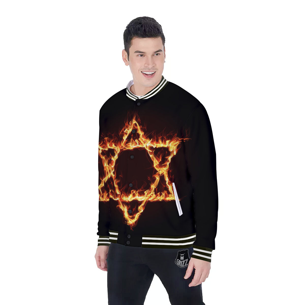 Star Of David Fiery Print Baseball Jacket-grizzshop