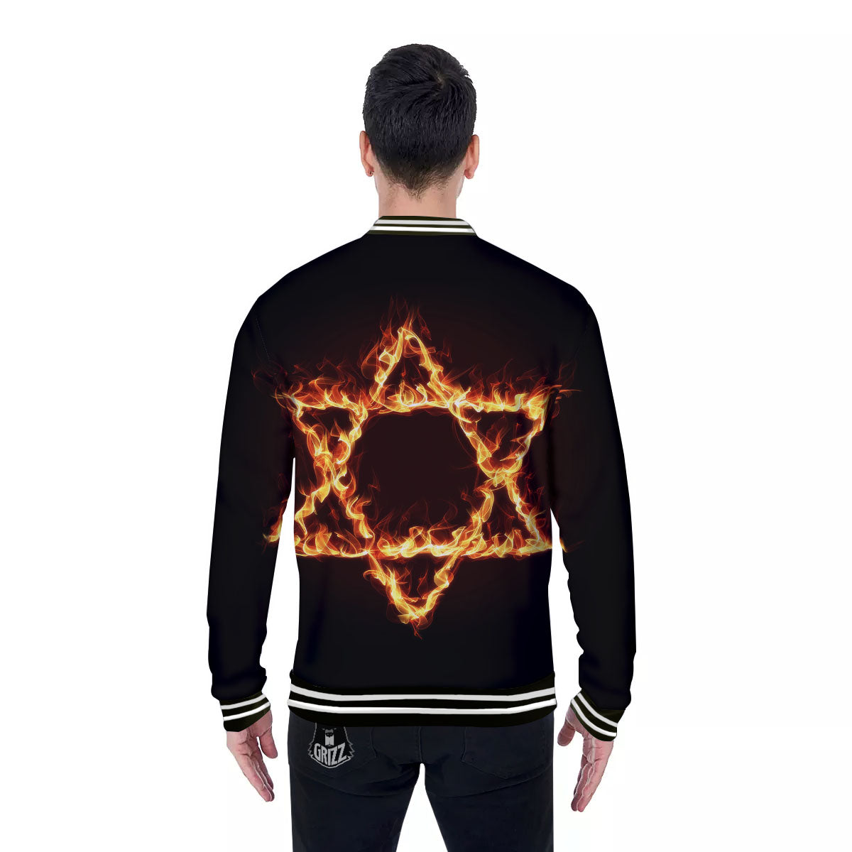 Star Of David Fiery Print Baseball Jacket-grizzshop