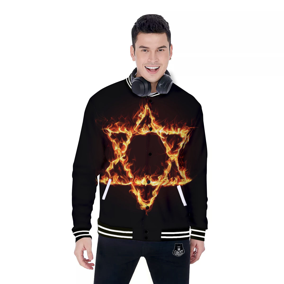 Star Of David Fiery Print Baseball Jacket-grizzshop