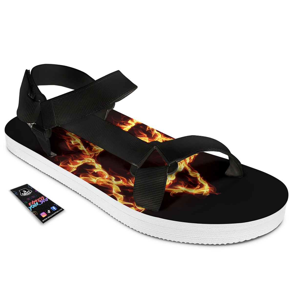 Star Of David Fiery Print Black Open Toe Sandals-grizzshop
