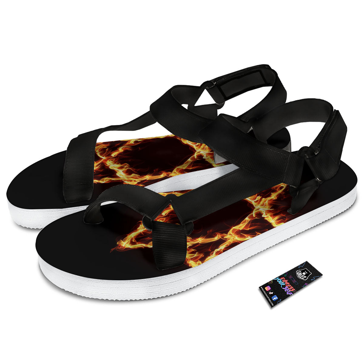 Star Of David Fiery Print Black Open Toe Sandals-grizzshop