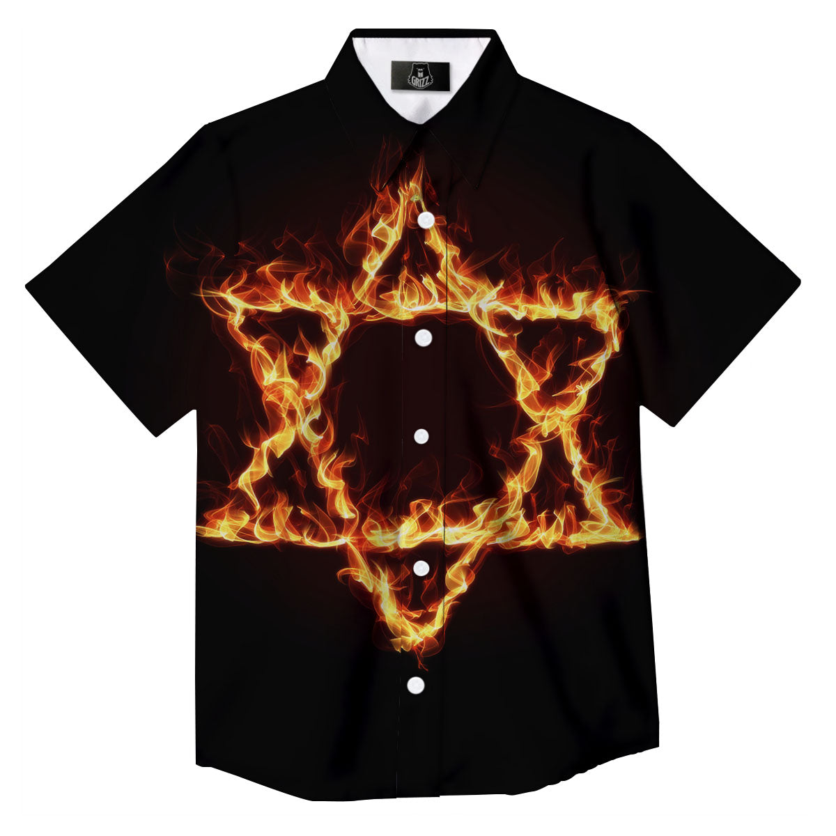 Star Of David Fiery Print Button Up Shirt-grizzshop