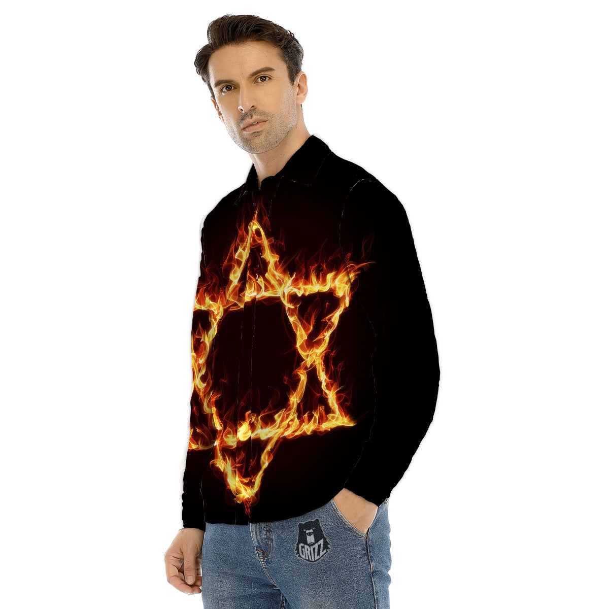 Star Of David Fiery Print Men's Dress Shirts-grizzshop
