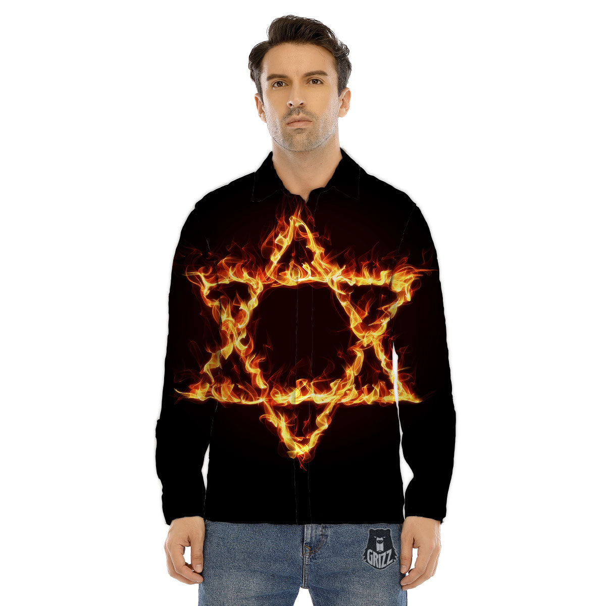 Star Of David Fiery Print Men's Dress Shirts-grizzshop