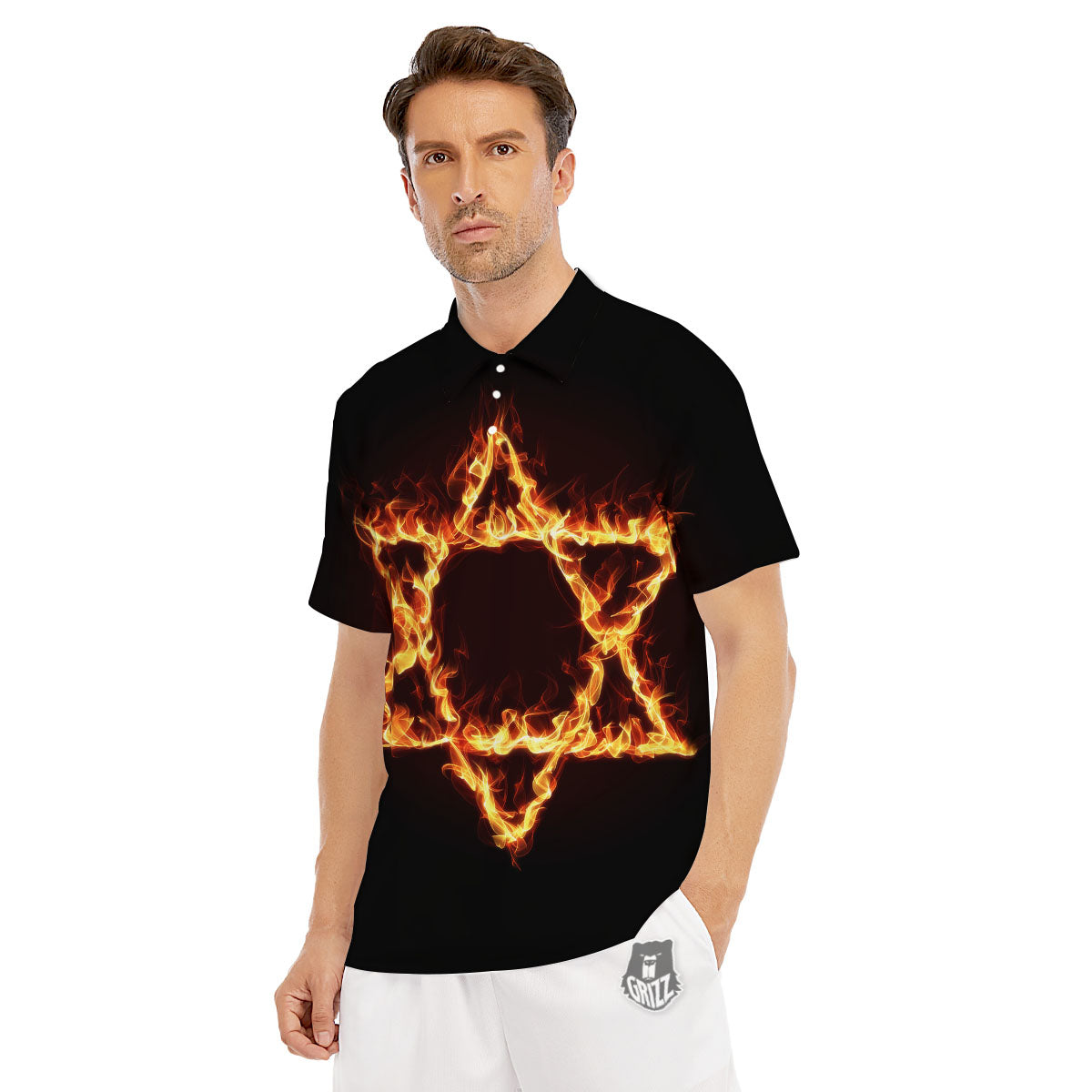 Star Of David Fiery Print Men's Golf Shirts-grizzshop