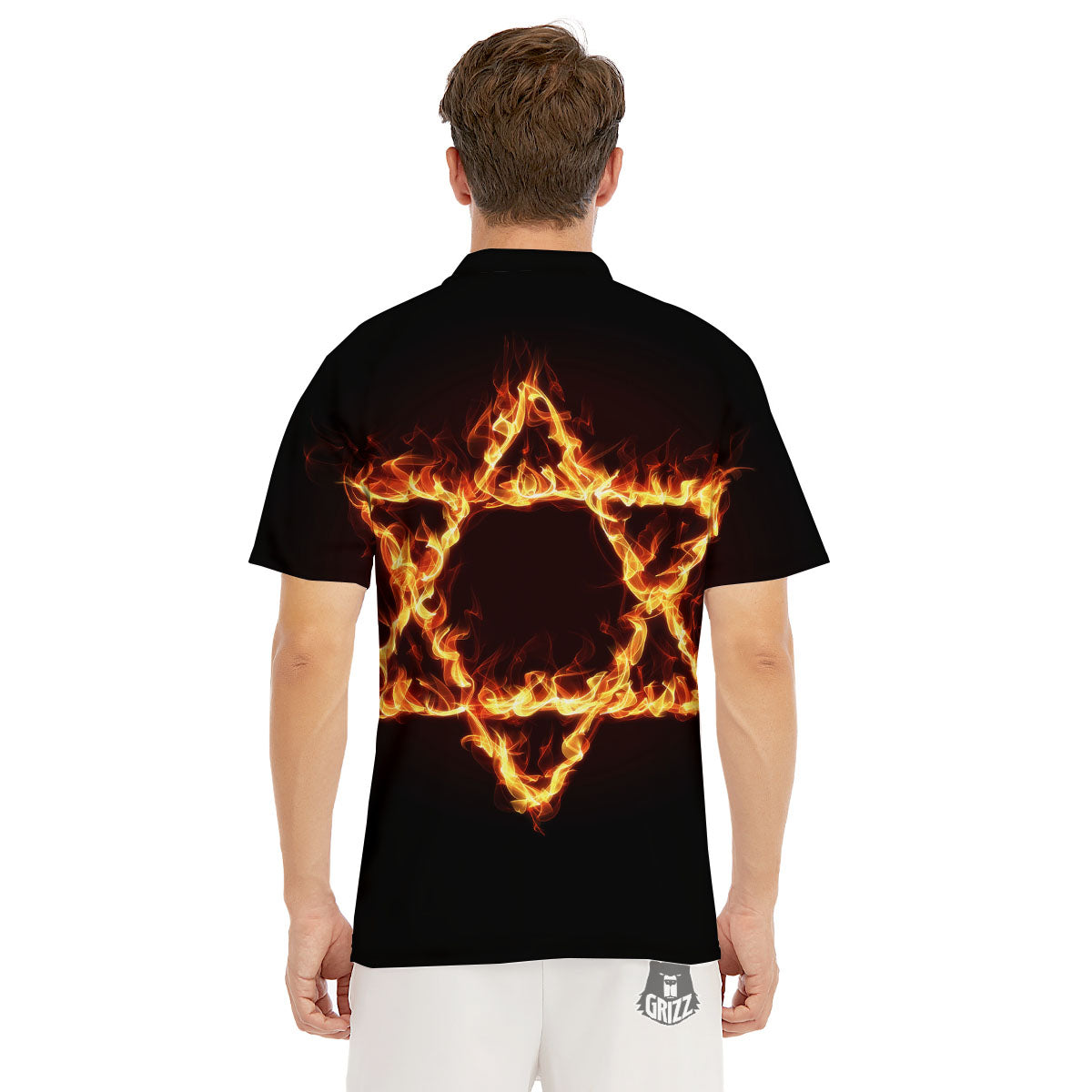 Star Of David Fiery Print Men's Golf Shirts-grizzshop