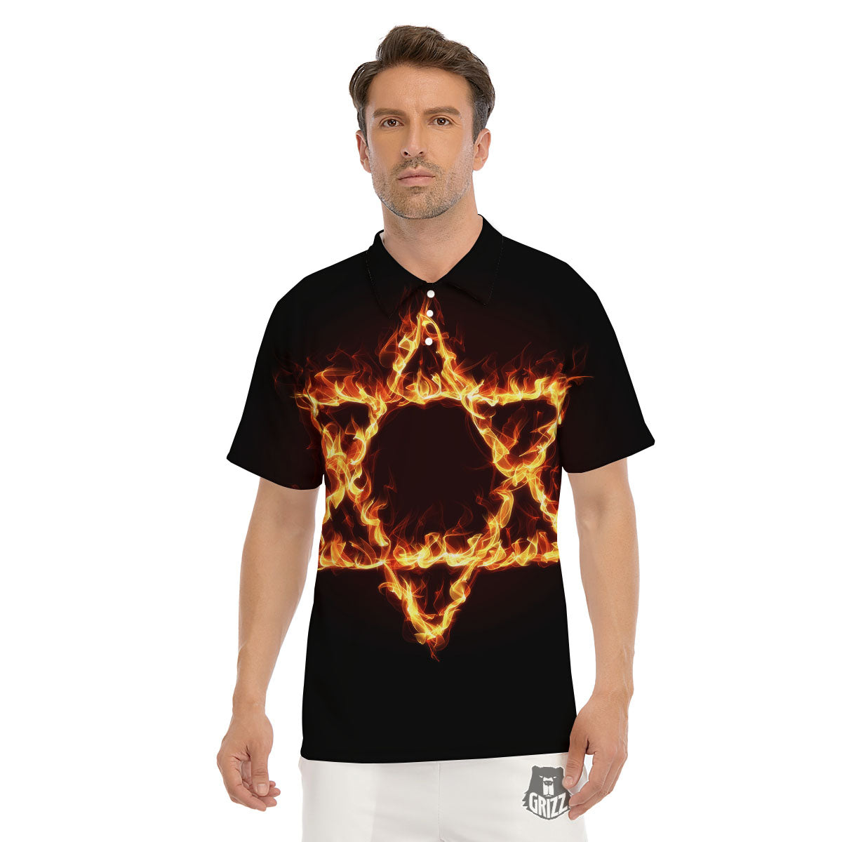 Star Of David Fiery Print Men's Golf Shirts-grizzshop