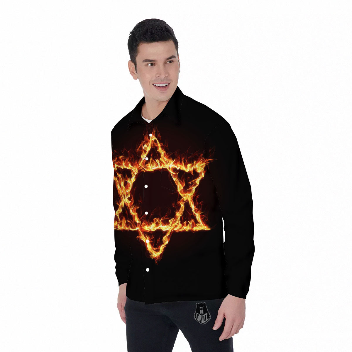 Star Of David Fiery Print Men's Long Sleeve Shirts-grizzshop