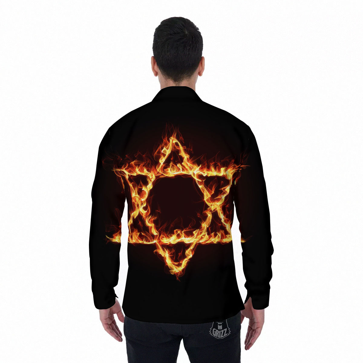 Star Of David Fiery Print Men's Long Sleeve Shirts-grizzshop