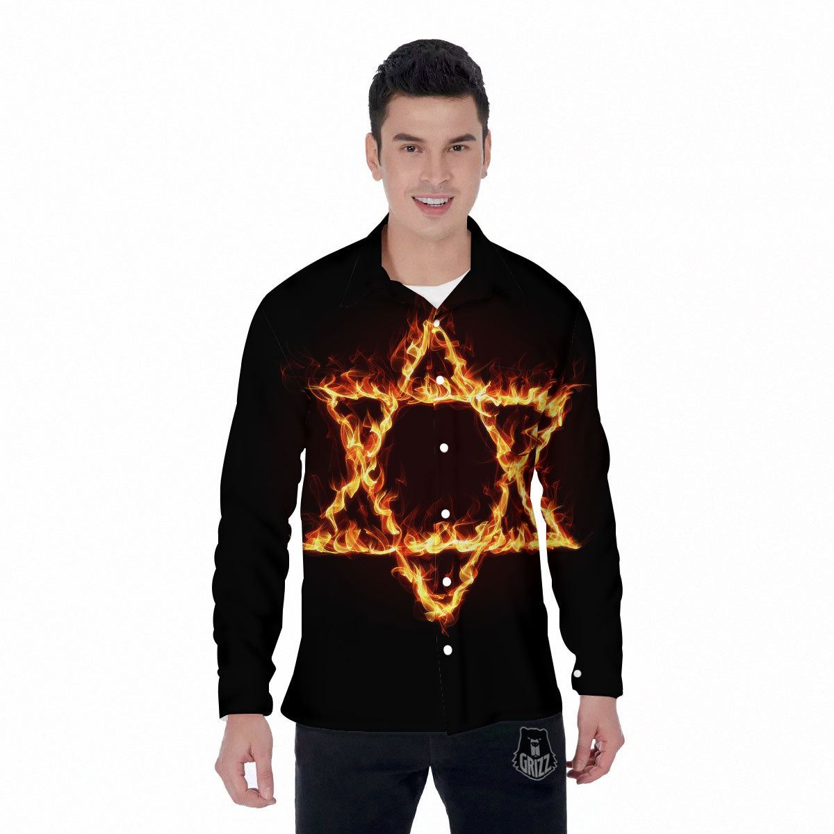 Star Of David Fiery Print Men's Long Sleeve Shirts-grizzshop