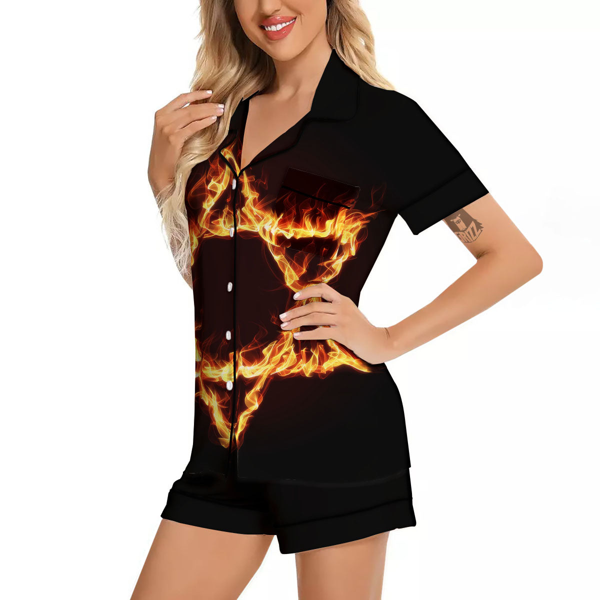 Star Of David Fiery Print Women Silk Pajamas-grizzshop