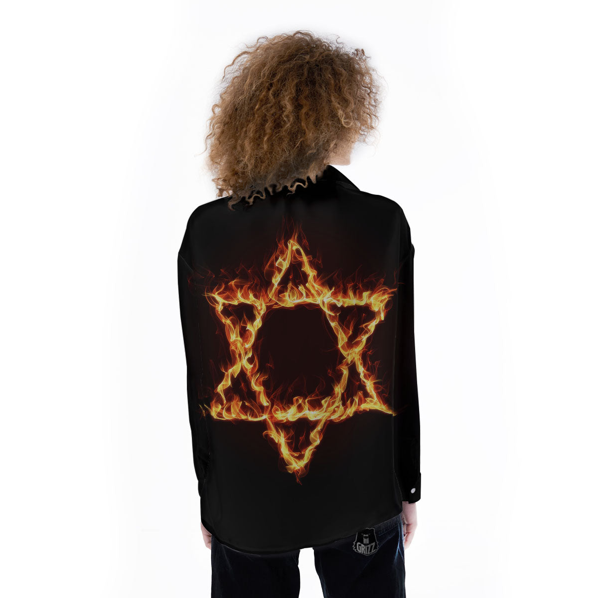 Star Of David Fiery Print Women's Long Sleeve Shirts-grizzshop