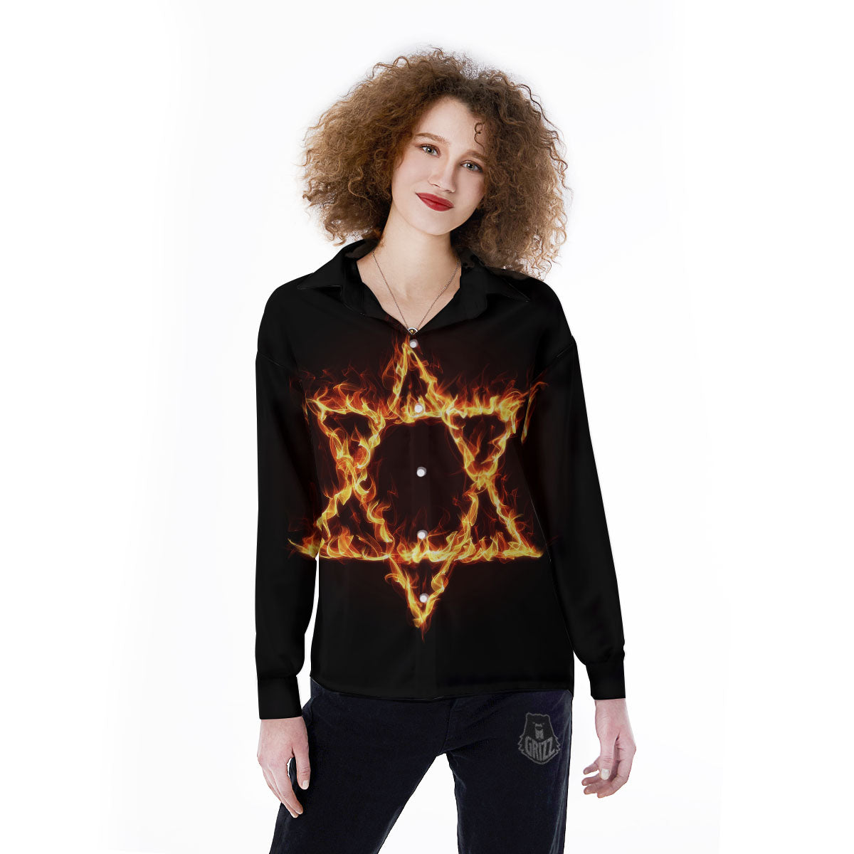 Star Of David Fiery Print Women's Long Sleeve Shirts-grizzshop