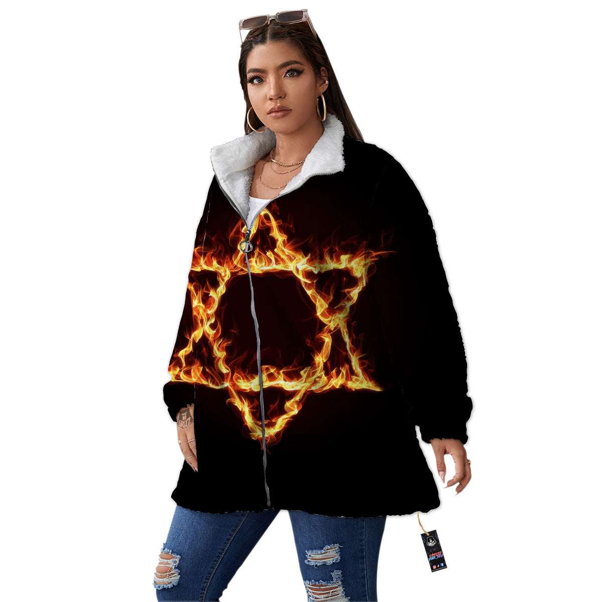 Star Of David Fiery Print Women's Sherpa Jacket-grizzshop