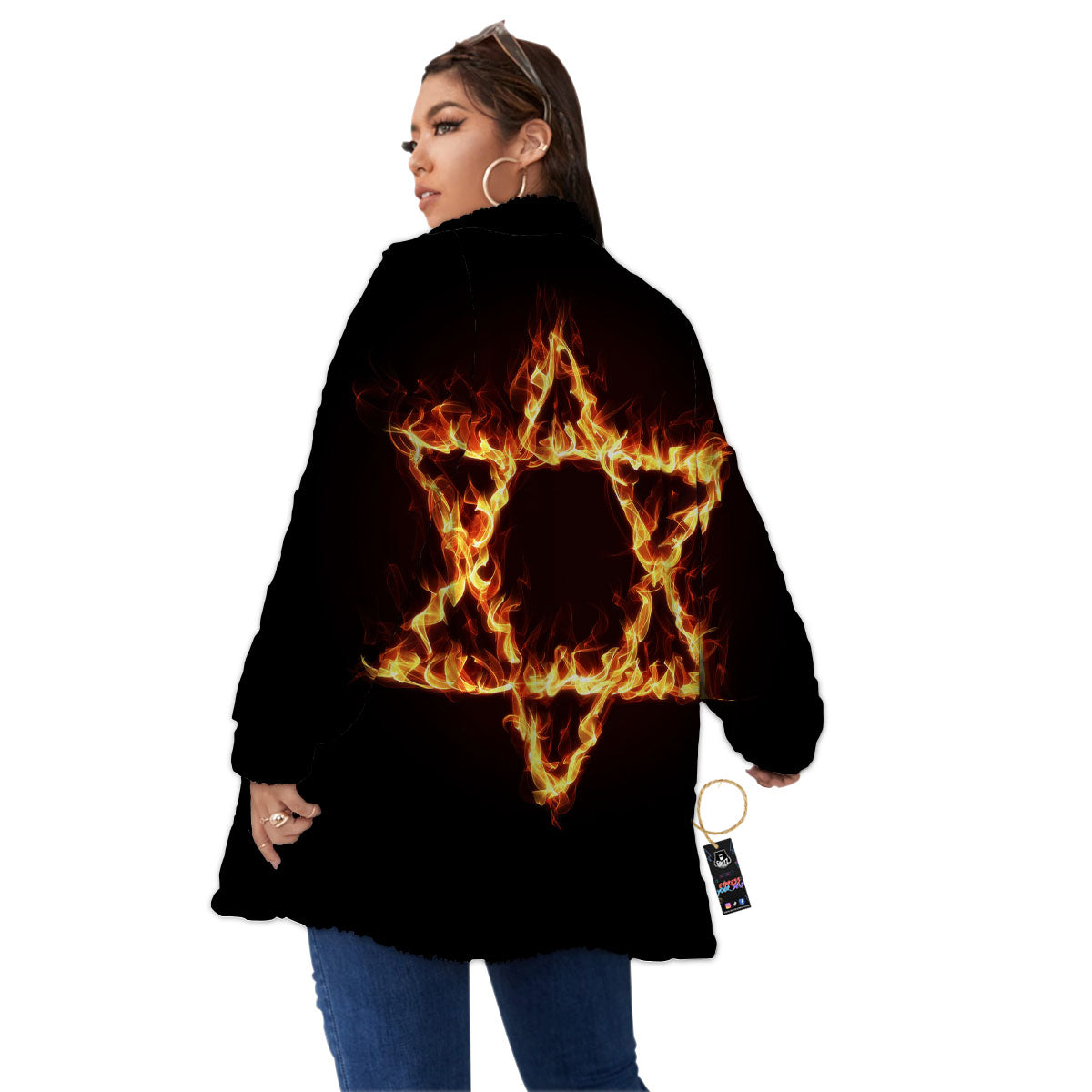 Star Of David Fiery Print Women's Sherpa Jacket-grizzshop