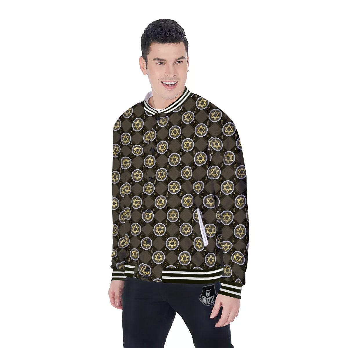 Star Of David Flaming Print Baseball Jacket-grizzshop