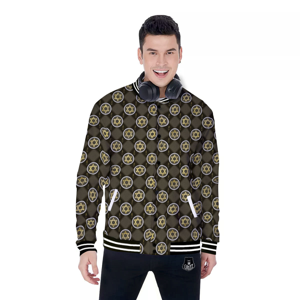 Star Of David Flaming Print Baseball Jacket-grizzshop